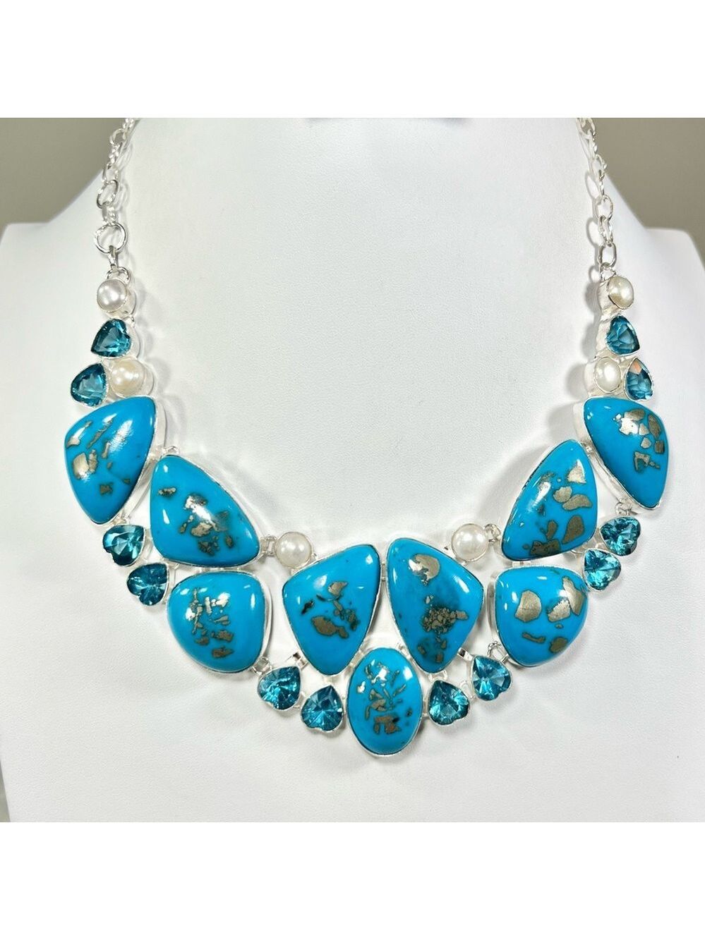 Persian Turquoise Pearl 925 Large Gemstone Necklace (synthetic stones)